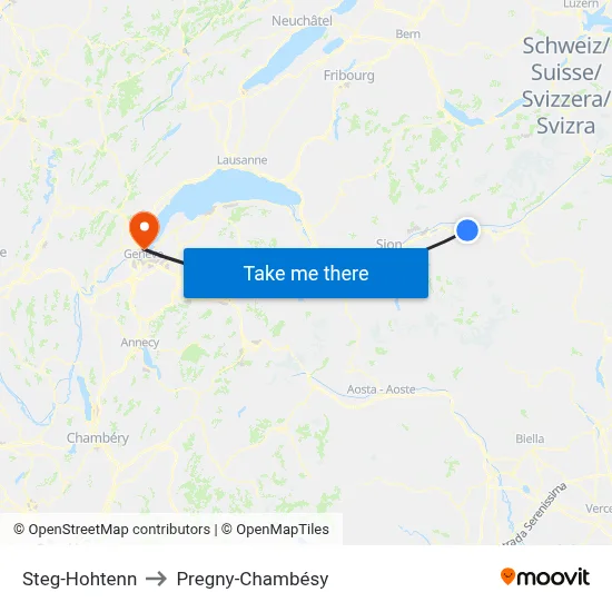Steg-Hohtenn to Pregny-Chambésy map