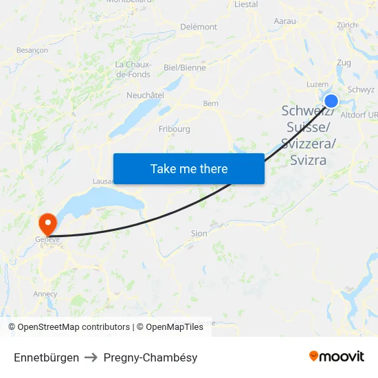 Ennetbürgen to Pregny-Chambésy map