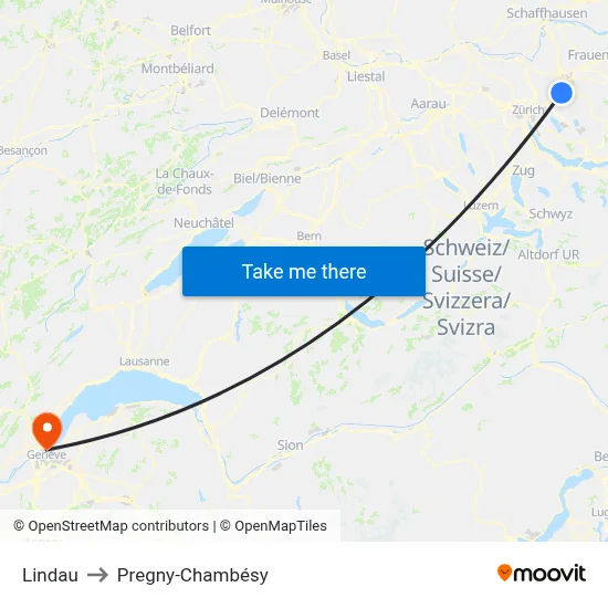 Lindau to Pregny-Chambésy map