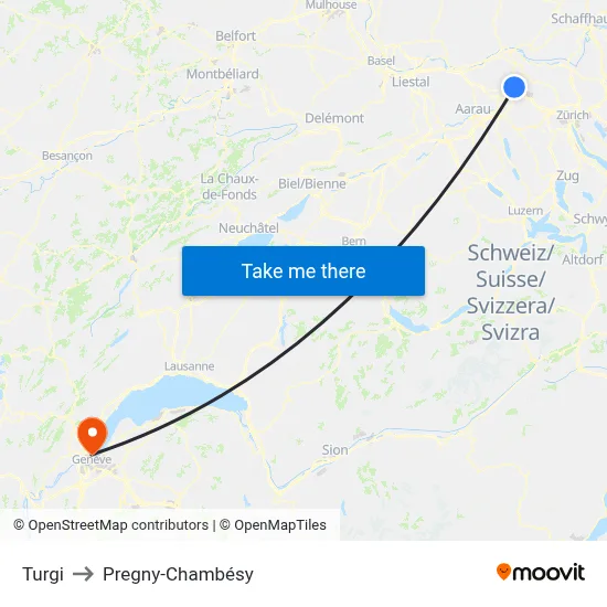 Turgi to Pregny-Chambésy map