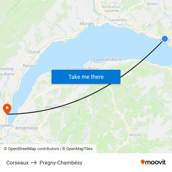 Corseaux to Pregny-Chambésy map