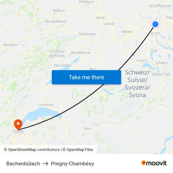 Bachenbülach to Pregny-Chambésy map