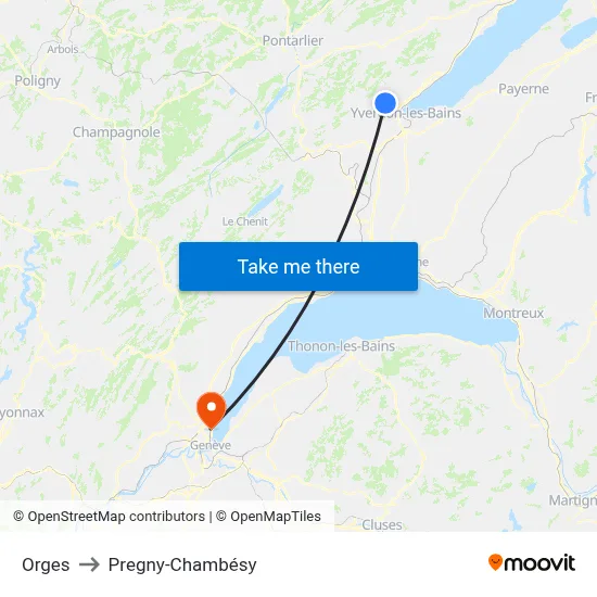 Orges to Pregny-Chambésy map