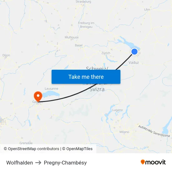 Wolfhalden to Pregny-Chambésy map