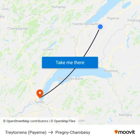 Treytorrens (Payerne) to Pregny-Chambésy map
