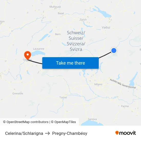 Celerina/Schlarigna to Pregny-Chambésy map