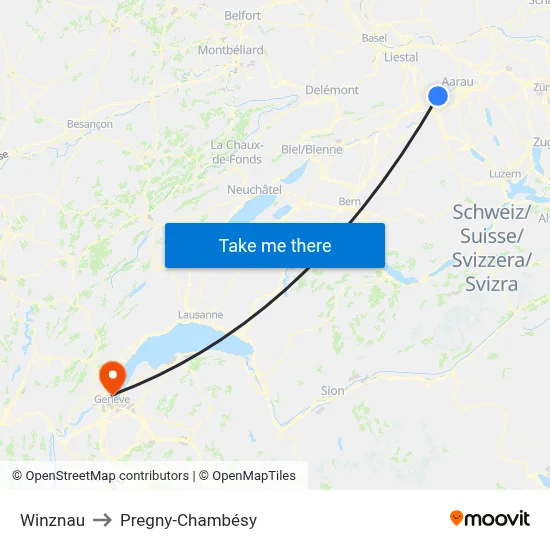 Winznau to Pregny-Chambésy map