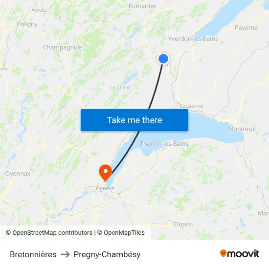 Bretonnières to Pregny-Chambésy map