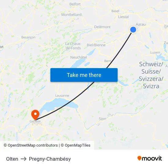 Olten to Pregny-Chambésy map