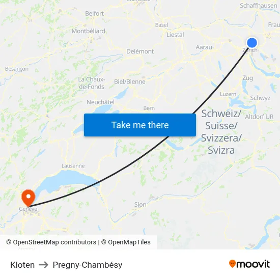 Kloten to Pregny-Chambésy map