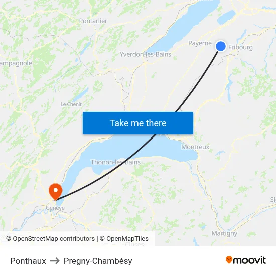 Ponthaux to Pregny-Chambésy map