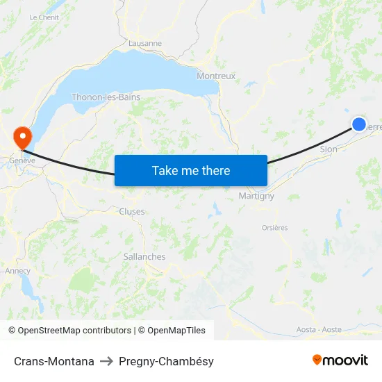Crans-Montana to Pregny-Chambésy map