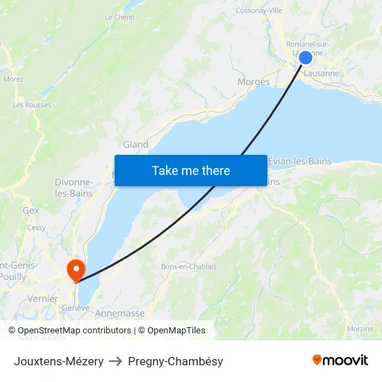 Jouxtens-Mézery to Pregny-Chambésy map