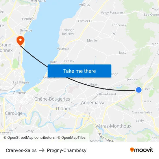 Cranves-Sales to Pregny-Chambésy map
