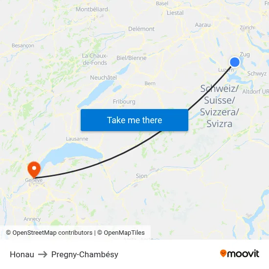Honau to Pregny-Chambésy map