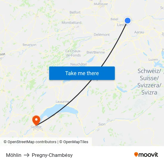 Möhlin to Pregny-Chambésy map