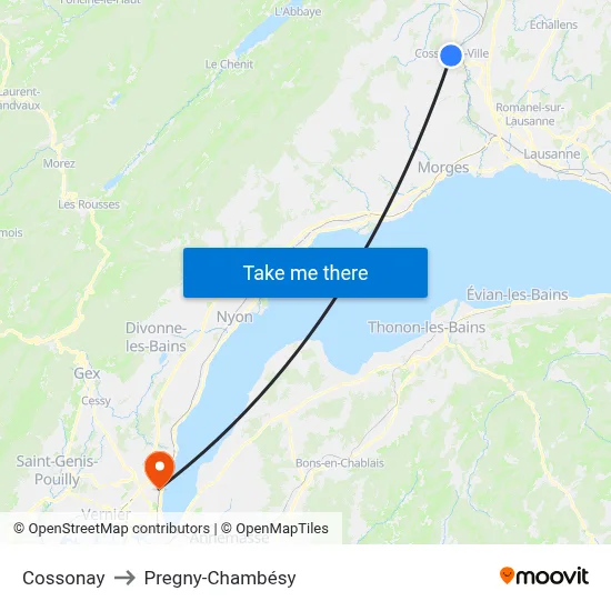 Cossonay to Pregny-Chambésy map