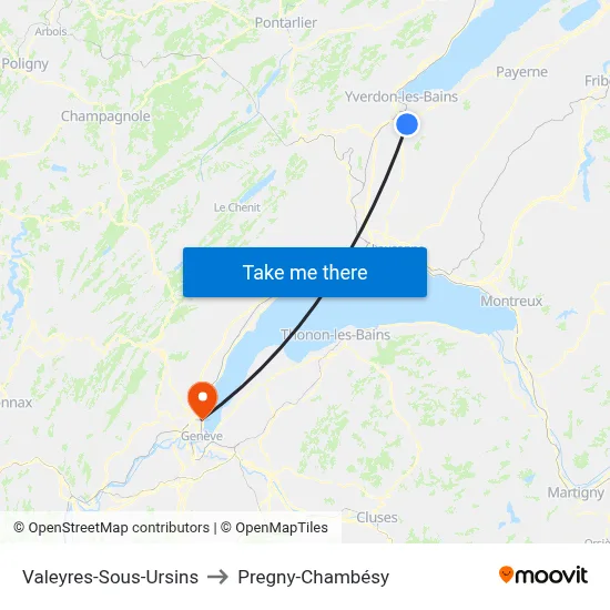 Valeyres-Sous-Ursins to Pregny-Chambésy map