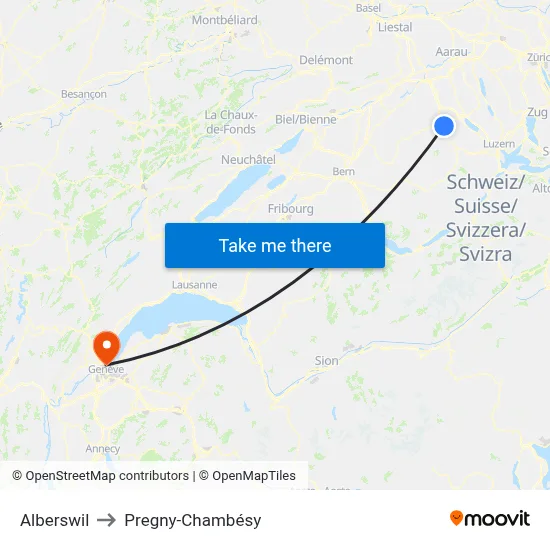 Alberswil to Pregny-Chambésy map