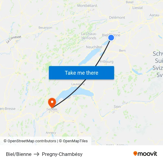 Biel/Bienne to Pregny-Chambésy map