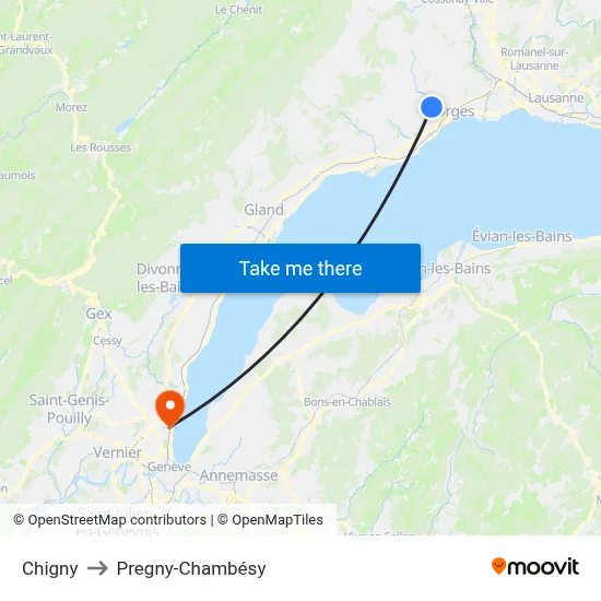Chigny to Pregny-Chambésy map