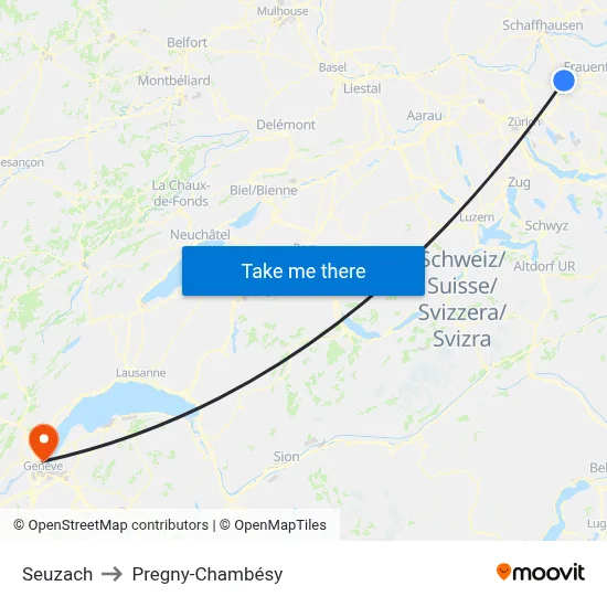 Seuzach to Pregny-Chambésy map
