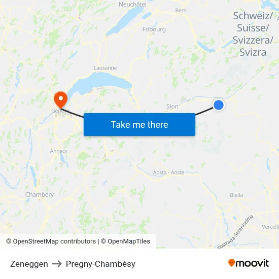 Zeneggen to Pregny-Chambésy map