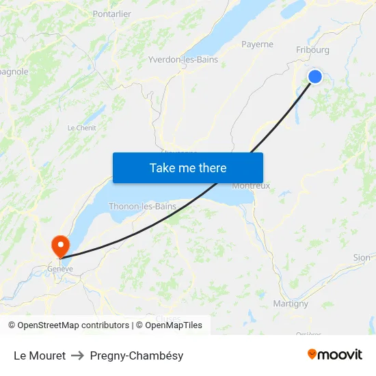 Le Mouret to Pregny-Chambésy map