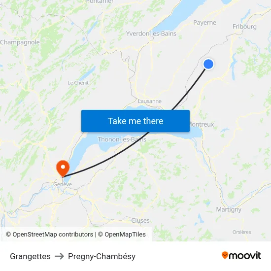 Grangettes to Pregny-Chambésy map