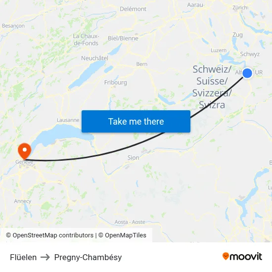 Flüelen to Pregny-Chambésy map