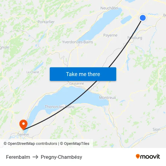 Ferenbalm to Pregny-Chambésy map