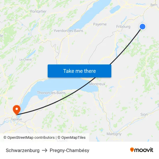 Schwarzenburg to Pregny-Chambésy map