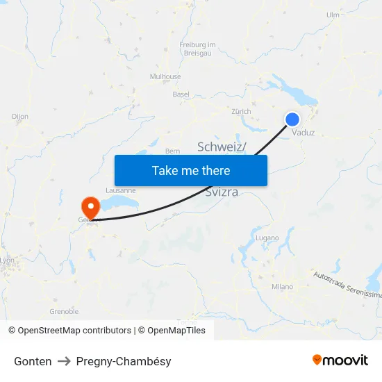 Gonten to Pregny-Chambésy map