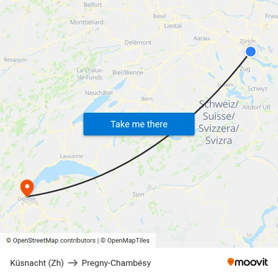 Küsnacht (Zh) to Pregny-Chambésy map