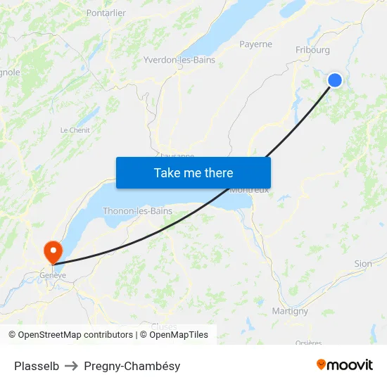 Plasselb to Pregny-Chambésy map
