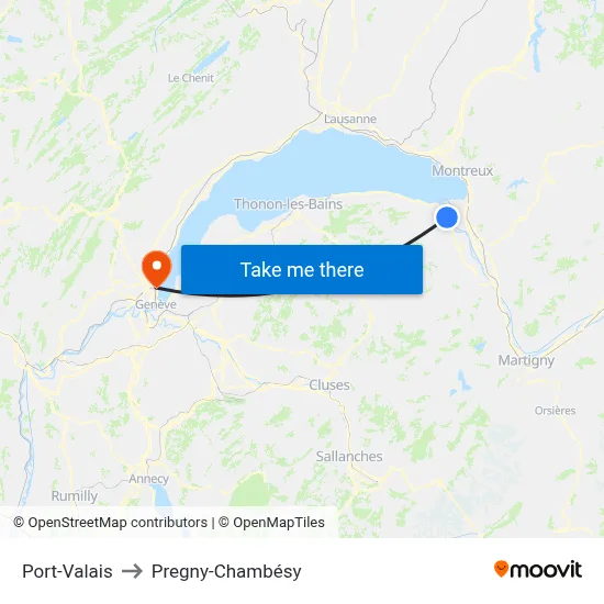 Port-Valais to Pregny-Chambésy map