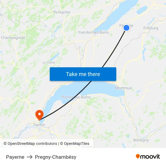 Payerne to Pregny-Chambésy map