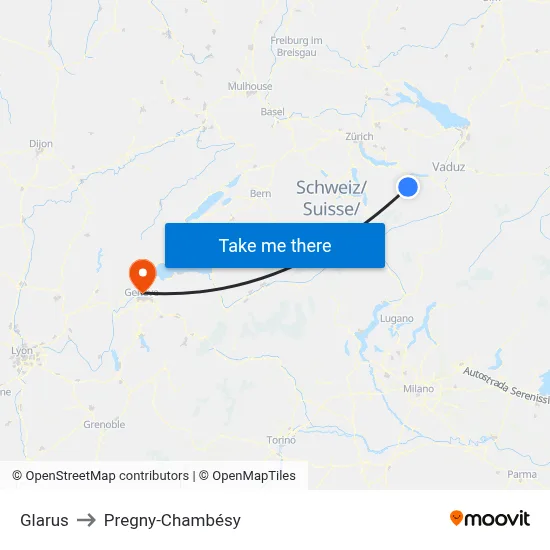 Glarus to Pregny-Chambésy map