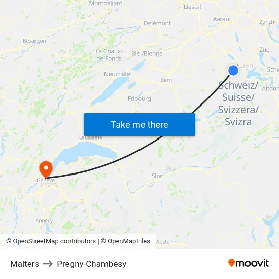 Malters to Pregny-Chambésy map