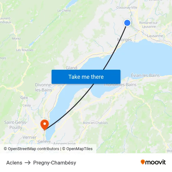 Aclens to Pregny-Chambésy map