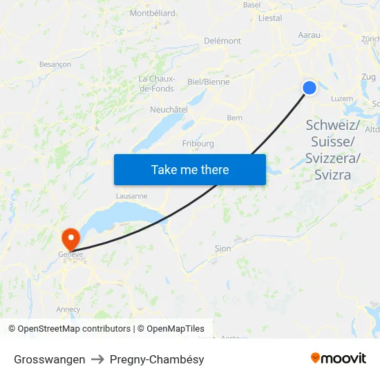 Grosswangen to Pregny-Chambésy map
