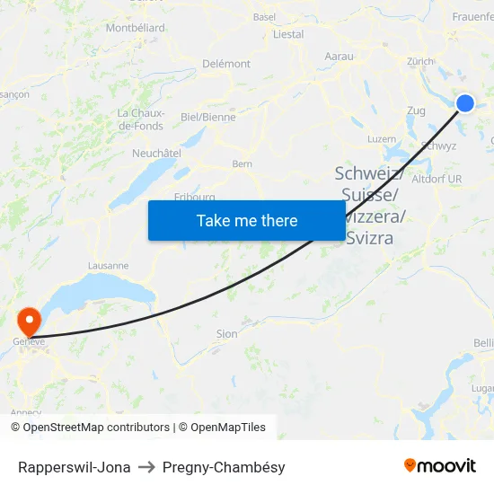 Rapperswil-Jona to Pregny-Chambésy map