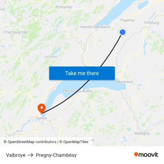 Valbroye to Pregny-Chambésy map