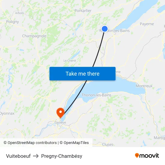 Vuiteboeuf to Pregny-Chambésy map