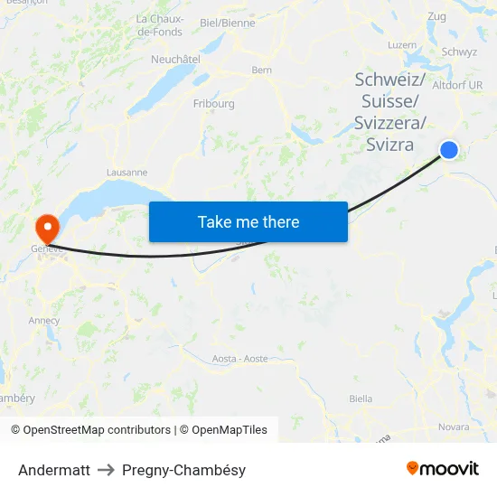 Andermatt to Pregny-Chambésy map