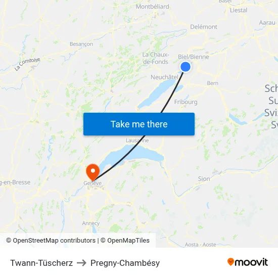 Twann-Tüscherz to Pregny-Chambésy map