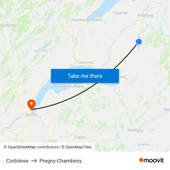 Corbières to Pregny-Chambésy map