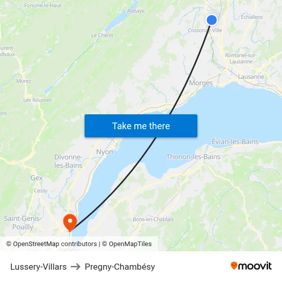 Lussery-Villars to Pregny-Chambésy map