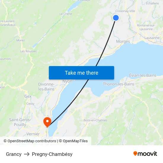 Grancy to Pregny-Chambésy map