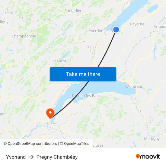Yvonand to Pregny-Chambésy map
